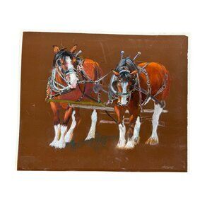 Vintage Equestrian Artwork Two Draft Horses Harness brown western 20.5x16" READ